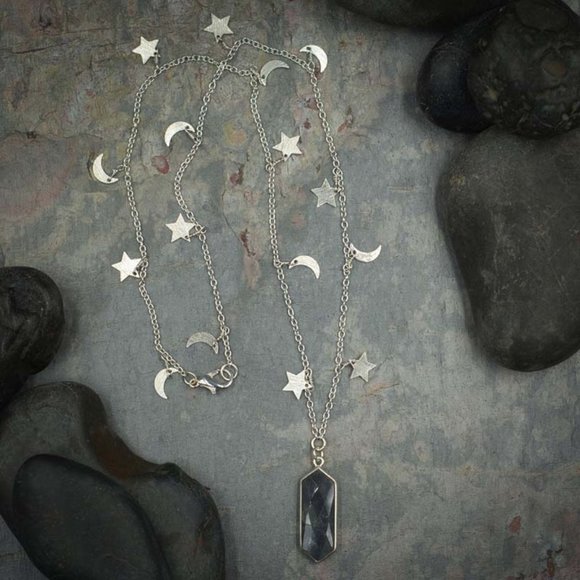 Labradorite Long Marquise Pendant on Moon Star Chain - Picture 2 of 2